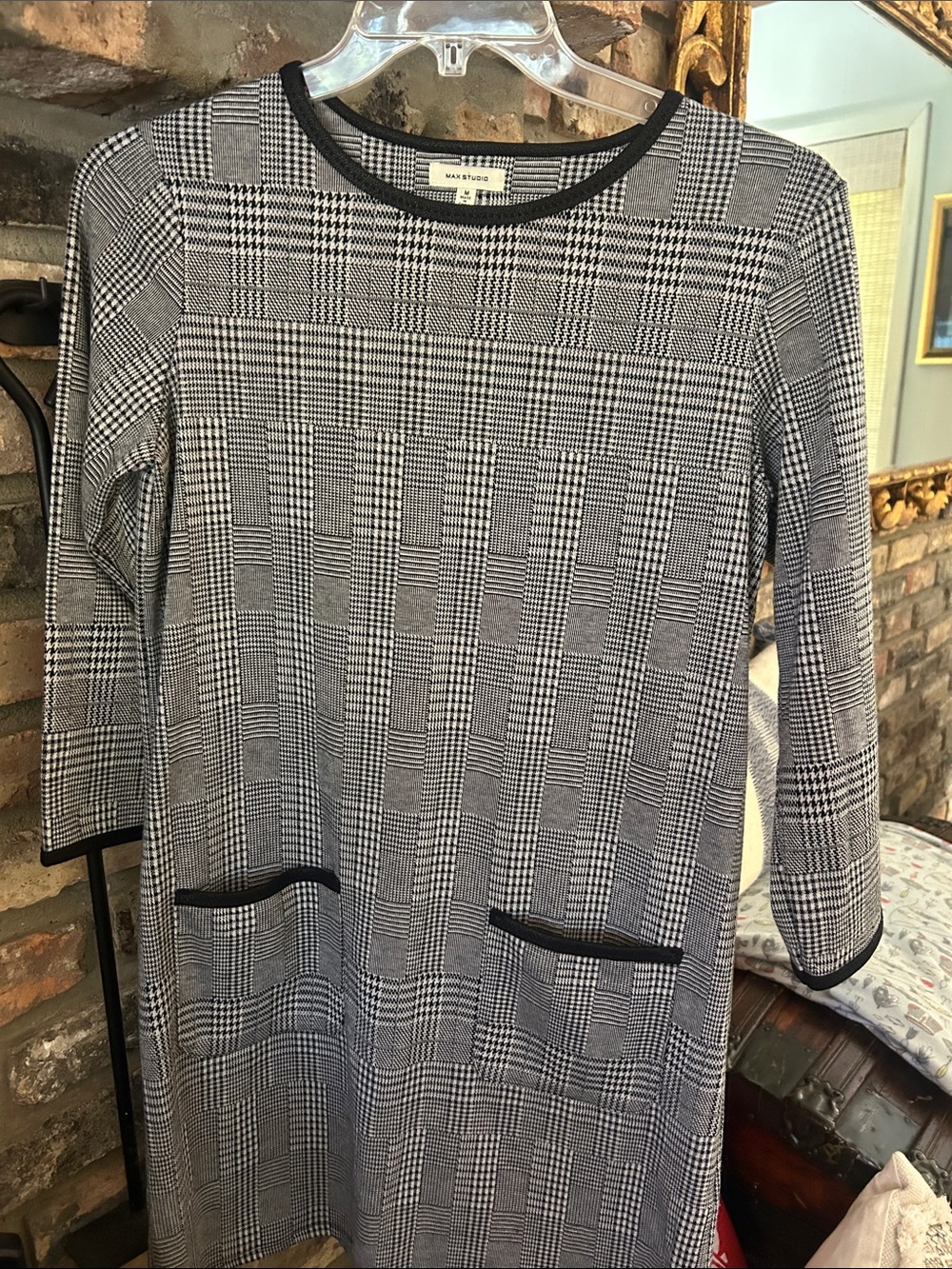 Max Studio Black and White Plaid Long-Sleeve Dress